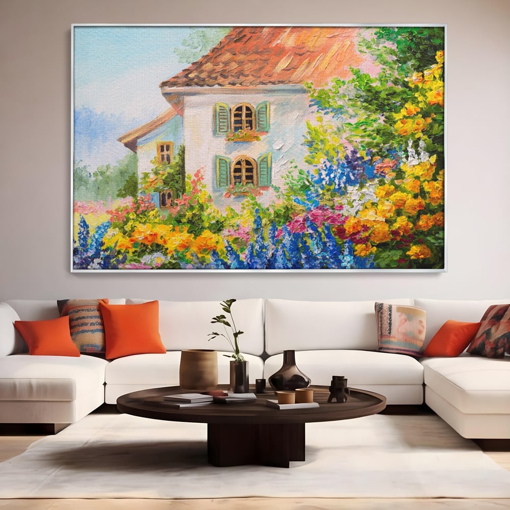 Tablou Canvas Premium LuxCanva® A1109, Casa Din Gradina ,  Peisaj, Natura, Flori Galbene, Culori Vibrante
