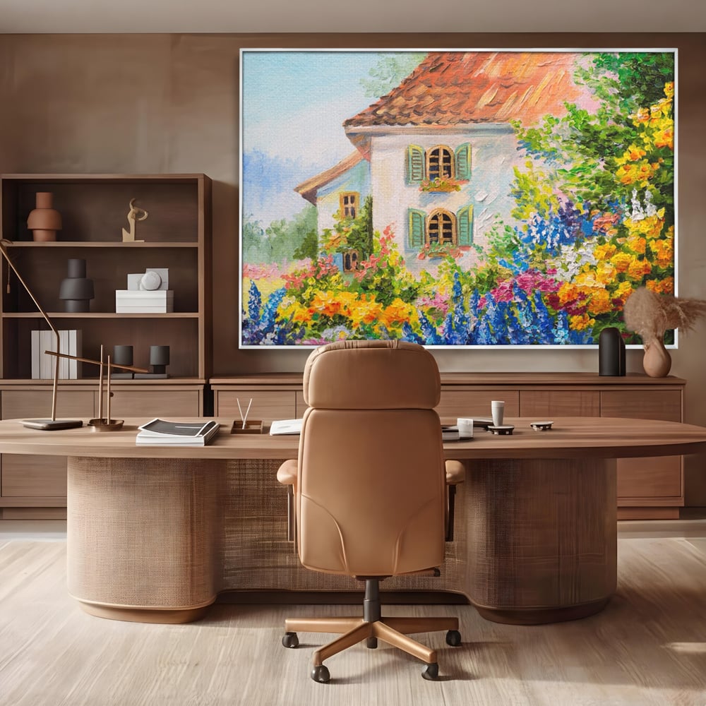 Tablou Canvas Premium LuxCanva® A1109, Casa Din Gradina ,  Peisaj, Natura, Flori Galbene, Culori Vibrante