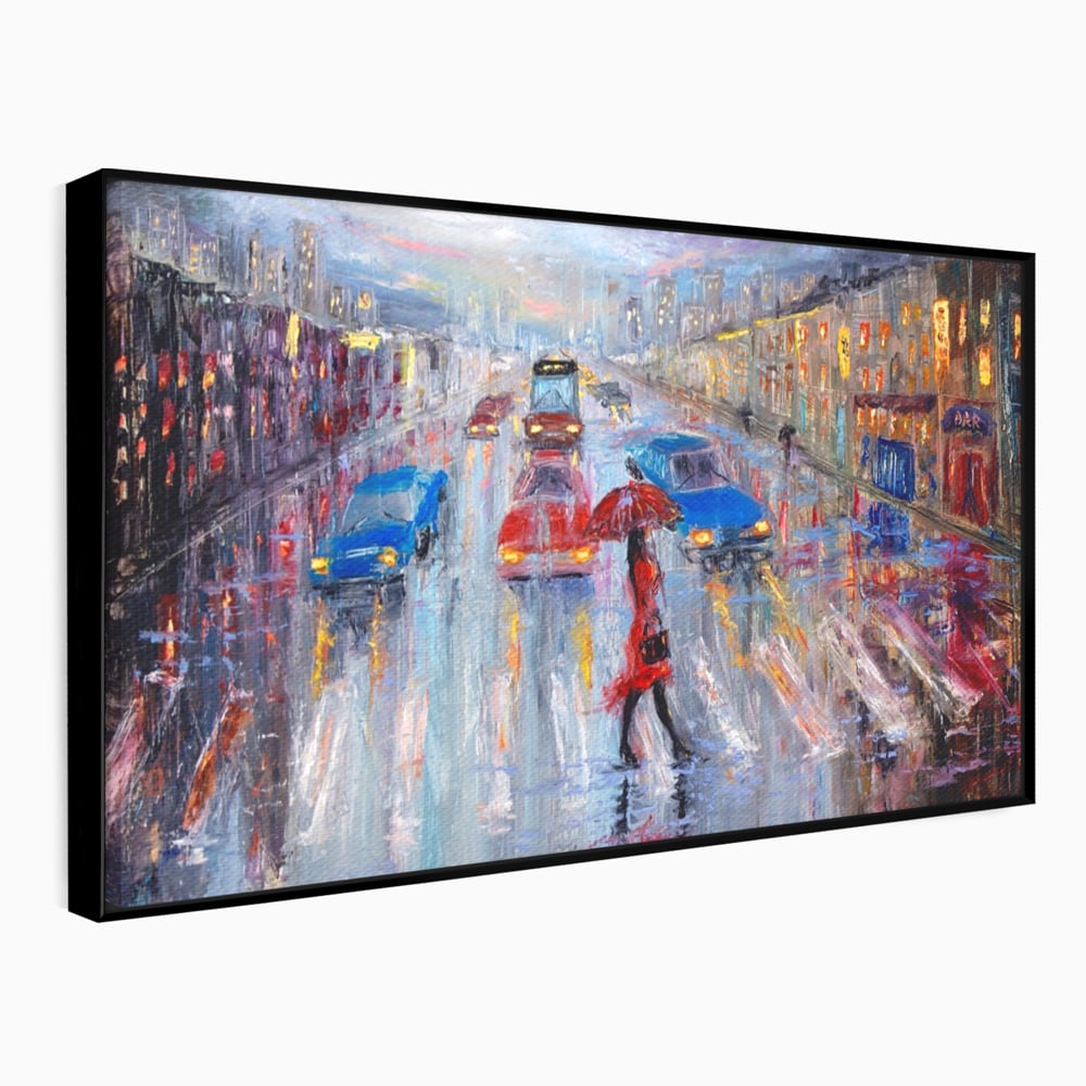 Tablou Canvas Premium LuxCanva® A1110, Oras In Ploaie , Oameni, Masini, Umbrela, Culori Vibrante