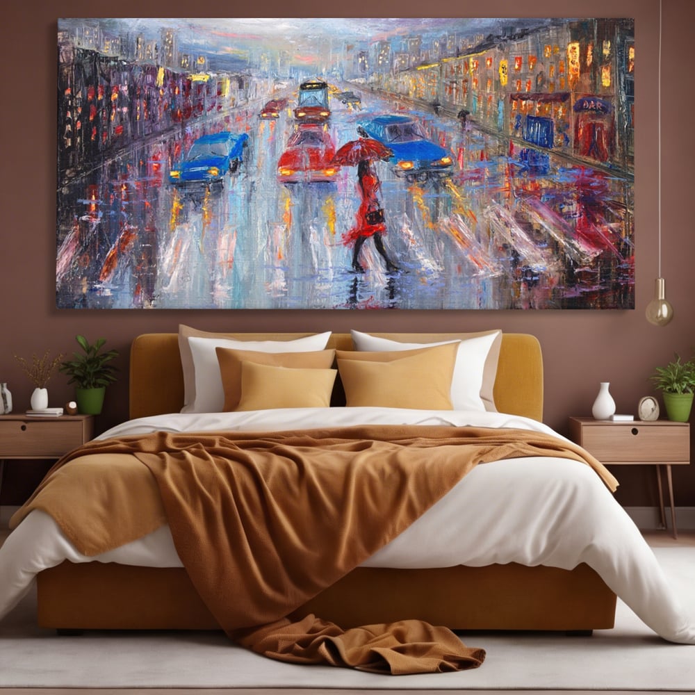 Tablou Canvas Premium LuxCanva® A1110, Oras In Ploaie , Oameni, Masini, Umbrela, Culori Vibrante