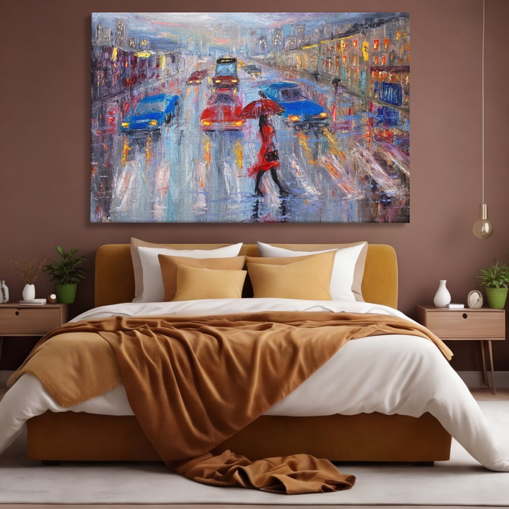 Tablou Canvas Premium LuxCanva® A1110, Oras In Ploaie , Oameni, Masini, Umbrela, Culori Vibrante