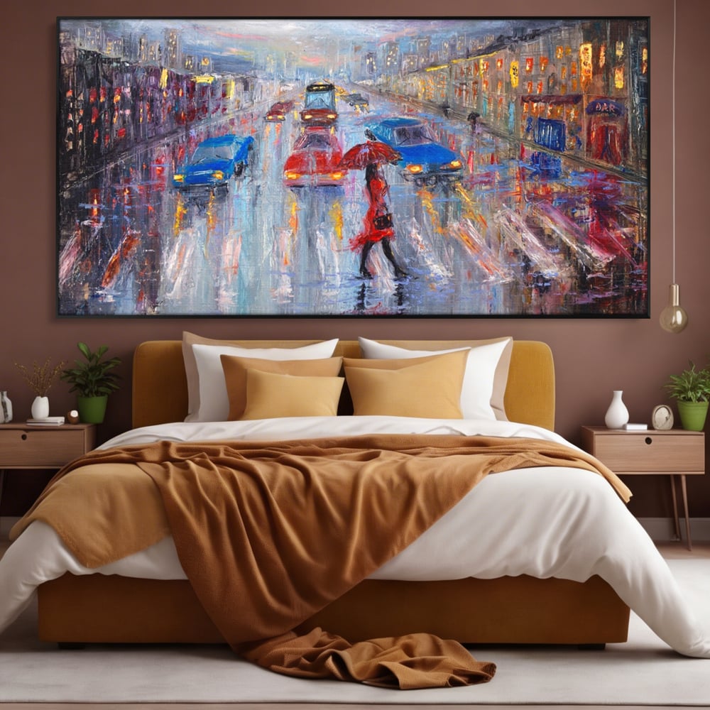 Tablou Canvas Premium LuxCanva® A1110, Oras In Ploaie , Oameni, Masini, Umbrela, Culori Vibrante