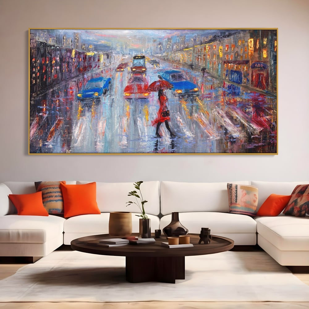 Tablou Canvas Premium LuxCanva® A1110, Oras In Ploaie , Oameni, Masini, Umbrela, Culori Vibrante