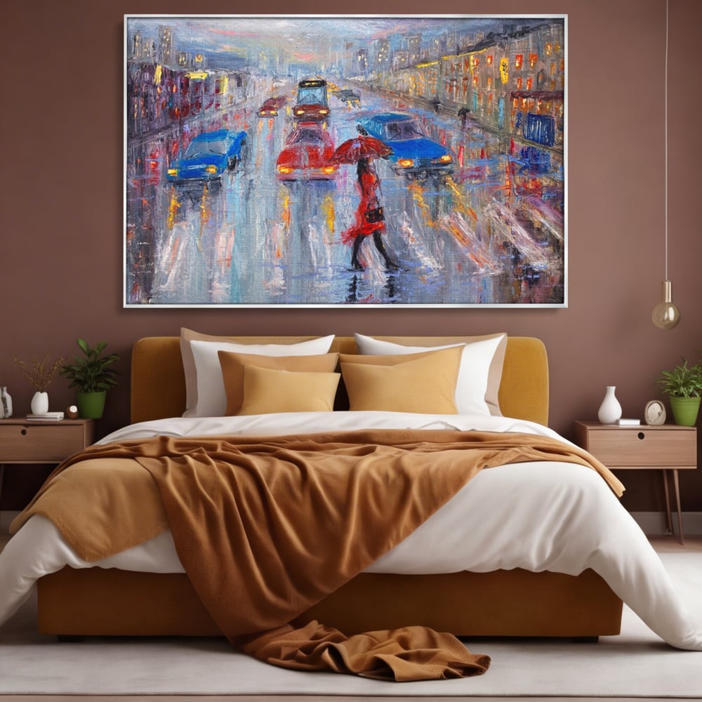 Tablou Canvas Premium LuxCanva® A1110, Oras In Ploaie , Oameni, Masini, Umbrela, Culori Vibrante