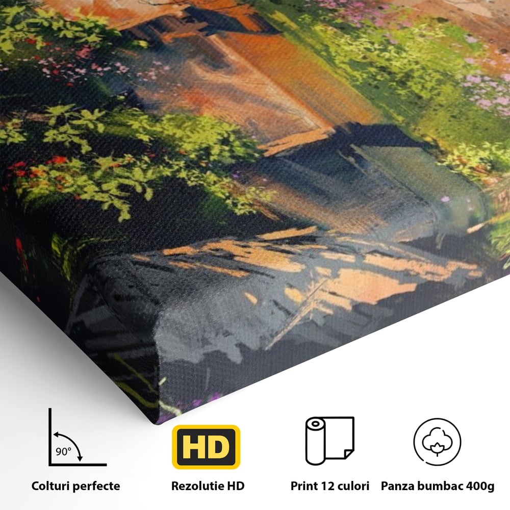 Tablou Canvas Premium LuxCanva® A1111, Flori Curgatoare , Oras Vechi, Casa, Lac, Culori Vibrante
