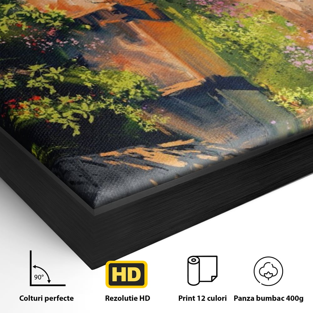 Tablou Canvas Premium LuxCanva® A1111, Flori Curgatoare , Oras Vechi, Casa, Lac, Culori Vibrante