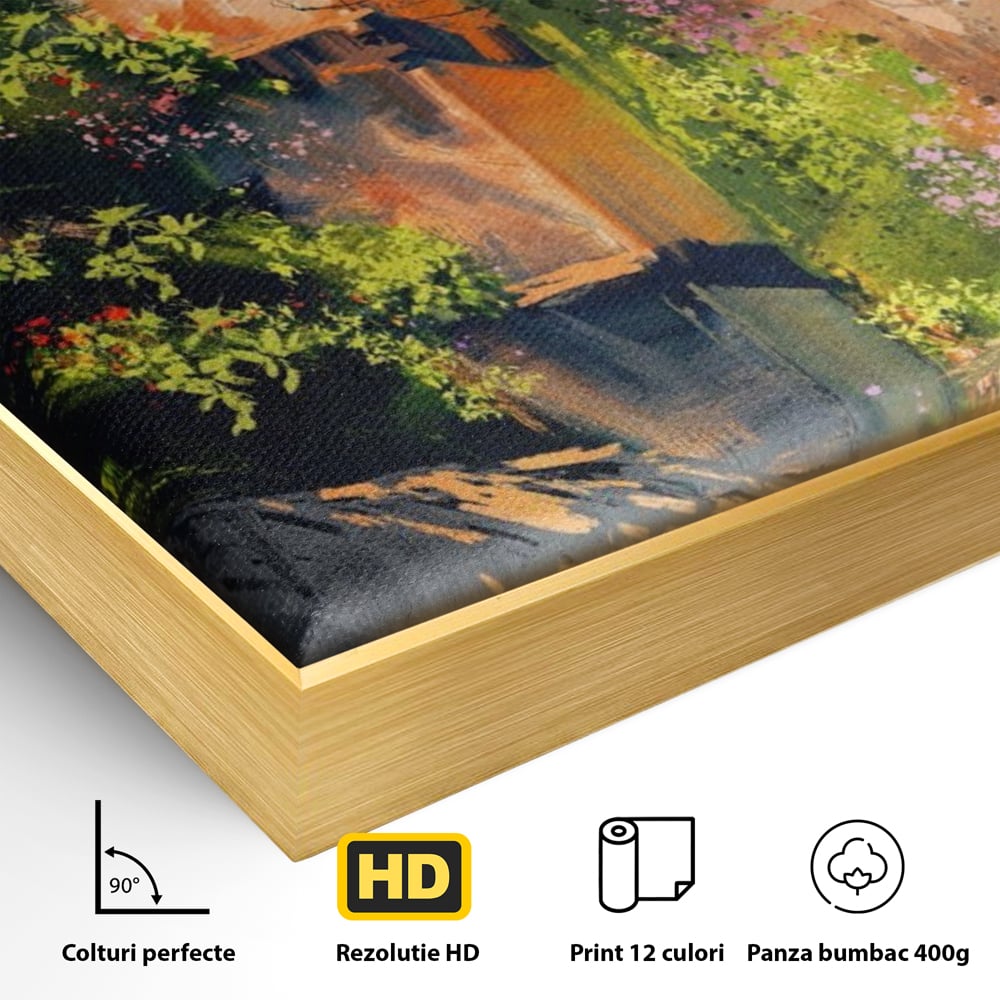Tablou Canvas Premium LuxCanva® A1111, Flori Curgatoare , Oras Vechi, Casa, Lac, Culori Vibrante
