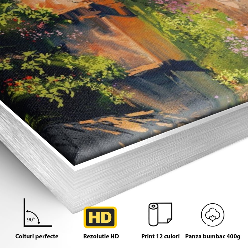Tablou Canvas Premium LuxCanva® A1111, Flori Curgatoare , Oras Vechi, Casa, Lac, Culori Vibrante