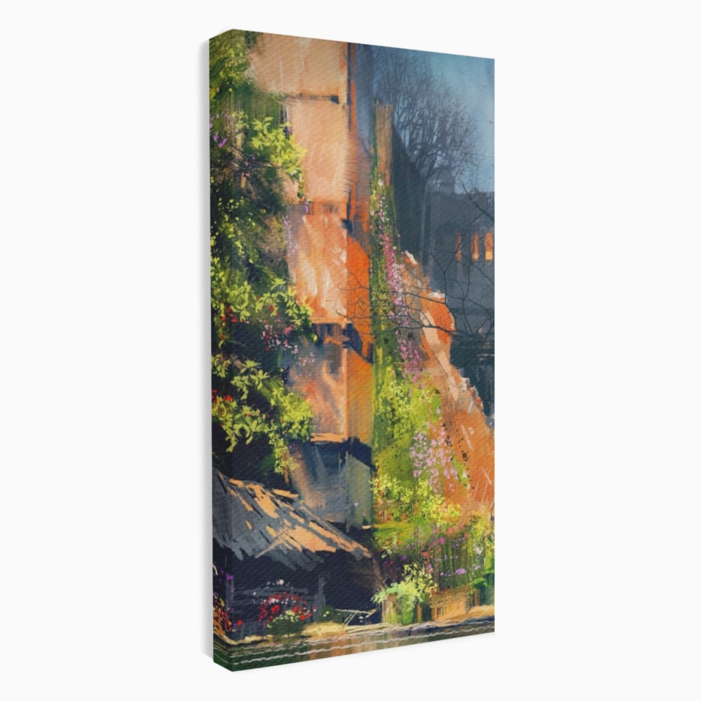 Tablou Canvas Premium LuxCanva® A1111, Flori Curgatoare , Oras Vechi, Casa, Lac, Culori Vibrante