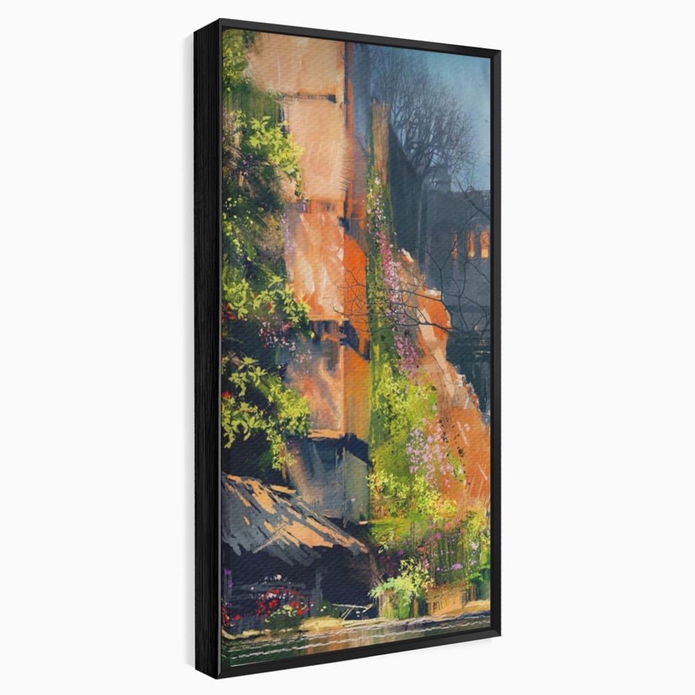 Tablou Canvas Premium LuxCanva® A1111, Flori Curgatoare , Oras Vechi, Casa, Lac, Culori Vibrante