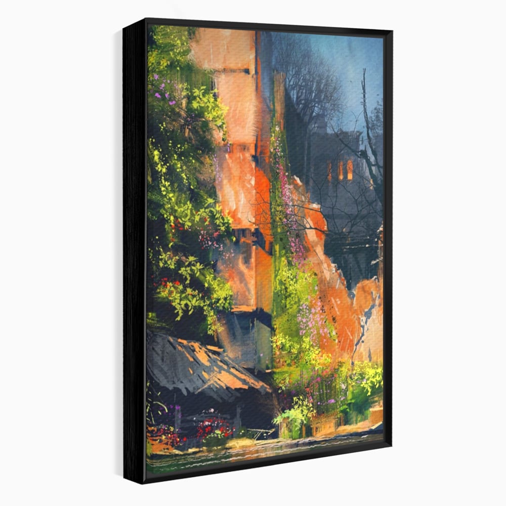 Tablou Canvas Premium LuxCanva® A1111, Flori Curgatoare , Oras Vechi, Casa, Lac, Culori Vibrante