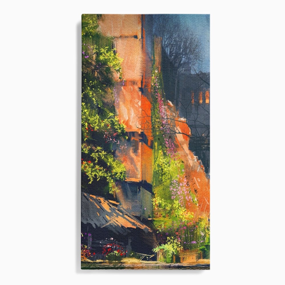 Tablou Canvas Premium LuxCanva® A1111, Flori Curgatoare , Oras Vechi, Casa, Lac, Culori Vibrante