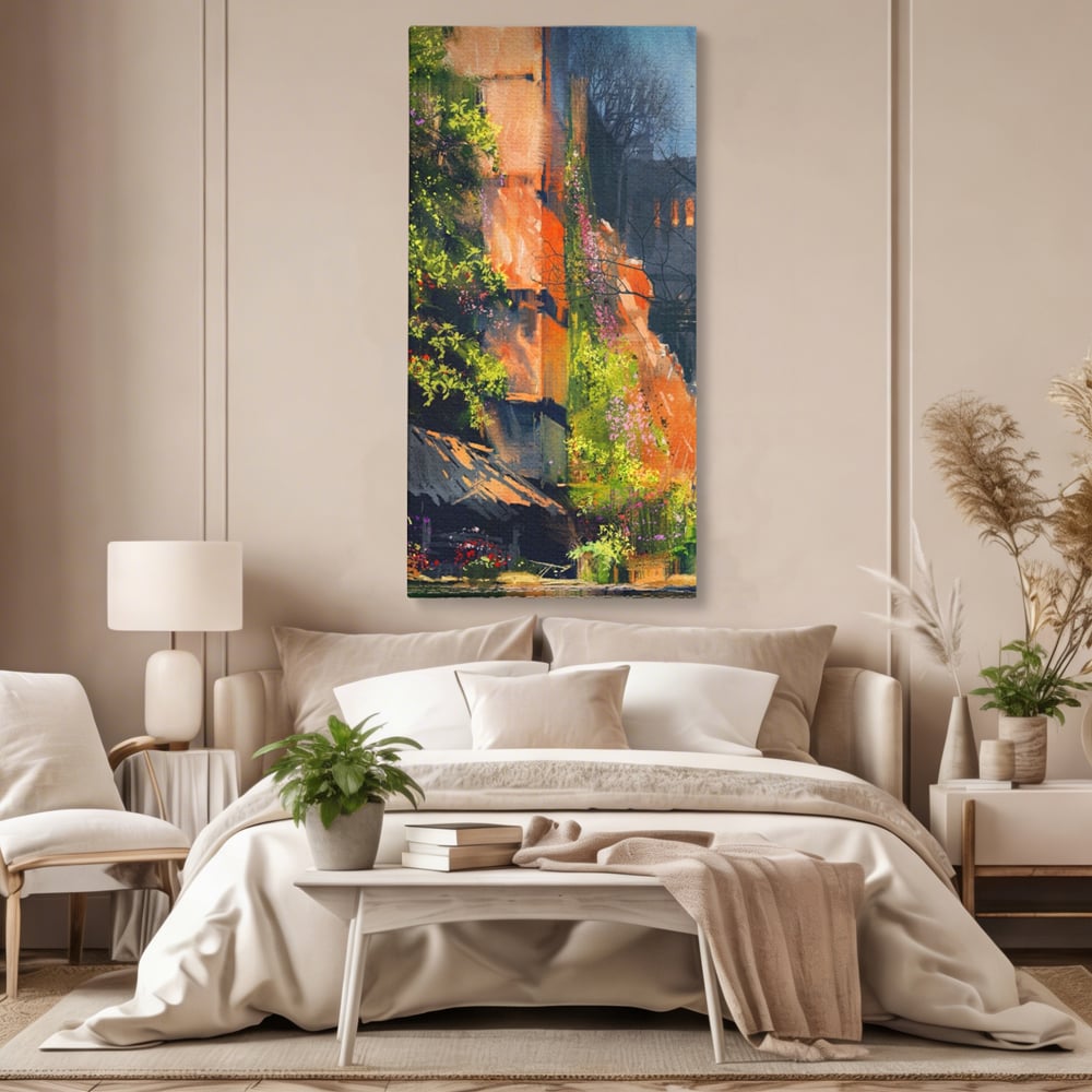 Tablou Canvas Premium LuxCanva® A1111, Flori Curgatoare , Oras Vechi, Casa, Lac, Culori Vibrante