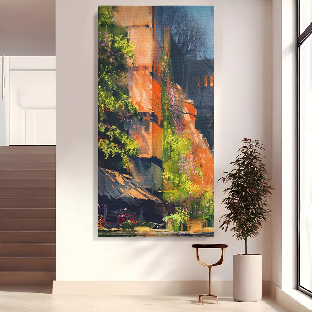 Tablou Canvas Premium LuxCanva® A1111, Flori Curgatoare , Oras Vechi, Casa, Lac, Culori Vibrante