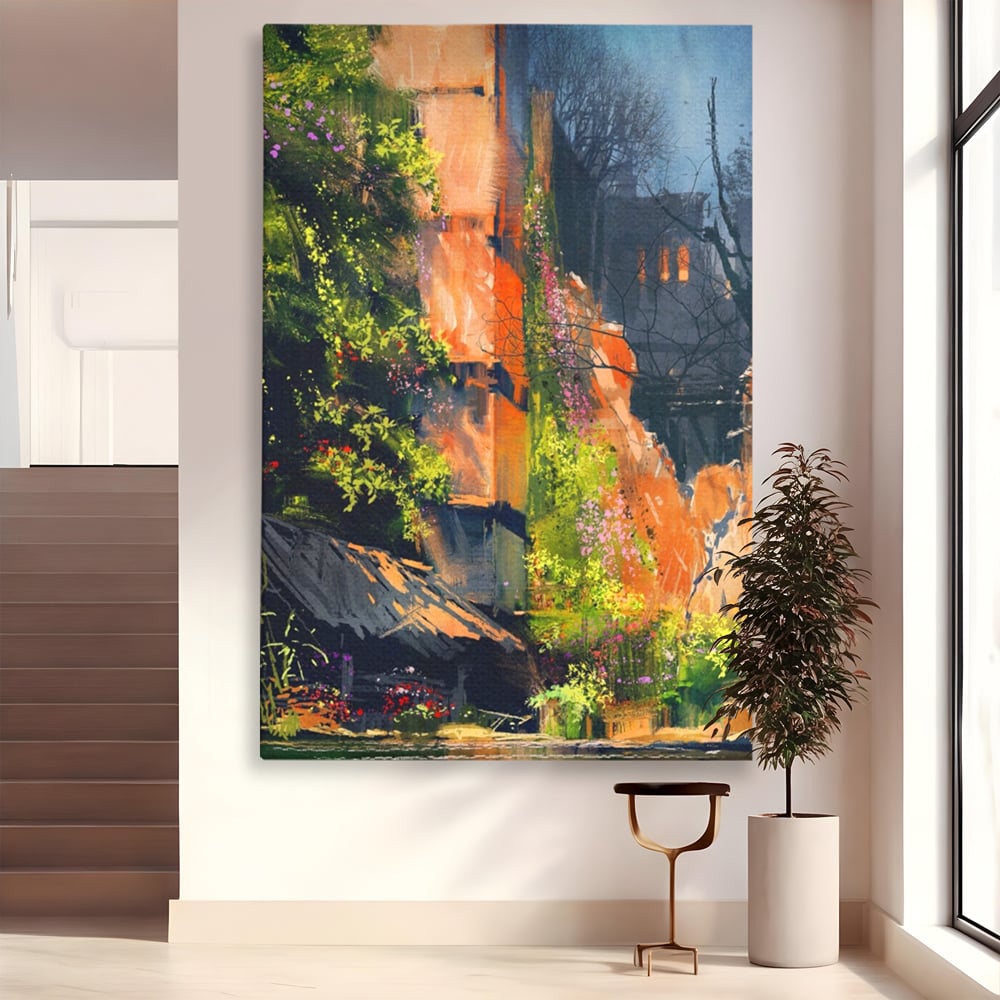 Tablou Canvas Premium LuxCanva® A1111, Flori Curgatoare , Oras Vechi, Casa, Lac, Culori Vibrante