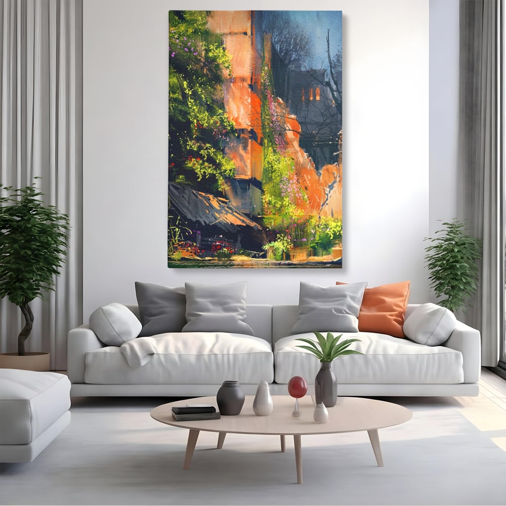 Tablou Canvas Premium LuxCanva® A1111, Flori Curgatoare , Oras Vechi, Casa, Lac, Culori Vibrante