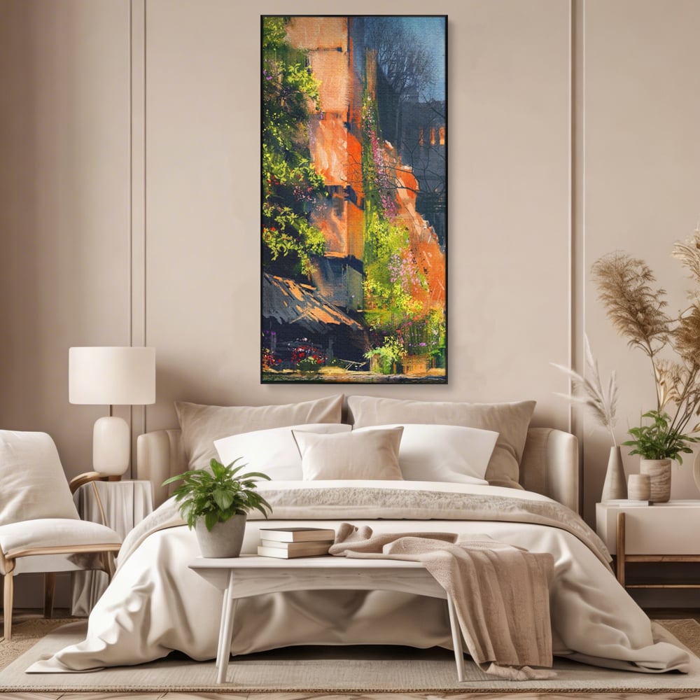 Tablou Canvas Premium LuxCanva® A1111, Flori Curgatoare , Oras Vechi, Casa, Lac, Culori Vibrante