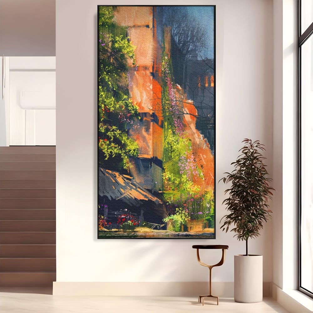 Tablou Canvas Premium LuxCanva® A1111, Flori Curgatoare , Oras Vechi, Casa, Lac, Culori Vibrante