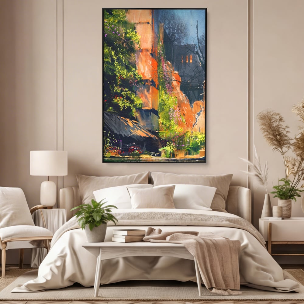 Tablou Canvas Premium LuxCanva® A1111, Flori Curgatoare , Oras Vechi, Casa, Lac, Culori Vibrante