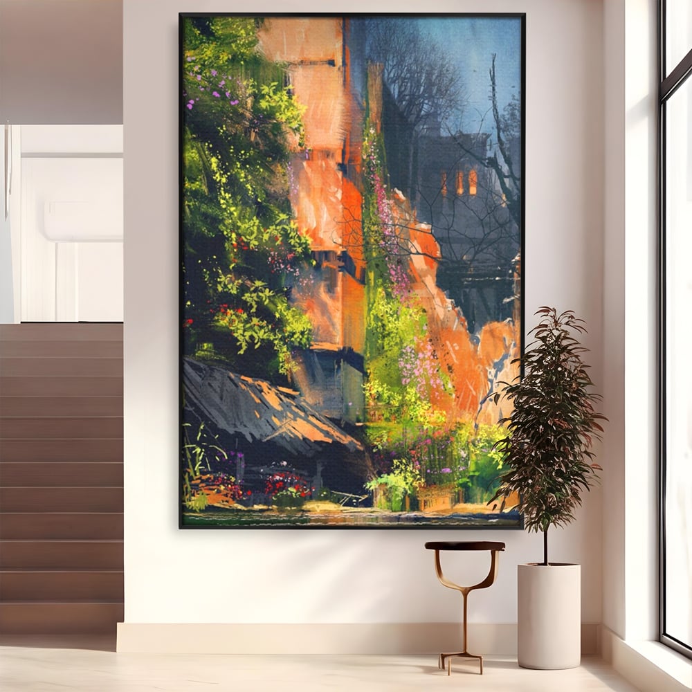 Tablou Canvas Premium LuxCanva® A1111, Flori Curgatoare , Oras Vechi, Casa, Lac, Culori Vibrante