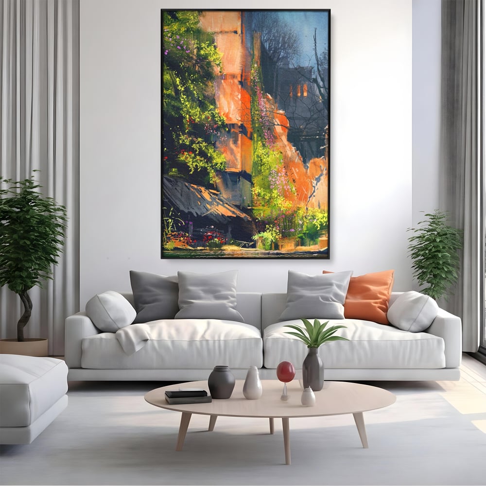 Tablou Canvas Premium LuxCanva® A1111, Flori Curgatoare , Oras Vechi, Casa, Lac, Culori Vibrante