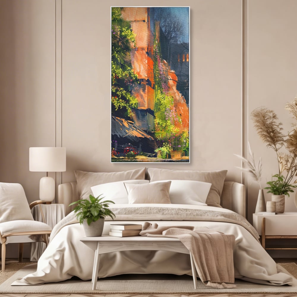 Tablou Canvas Premium LuxCanva® A1111, Flori Curgatoare , Oras Vechi, Casa, Lac, Culori Vibrante