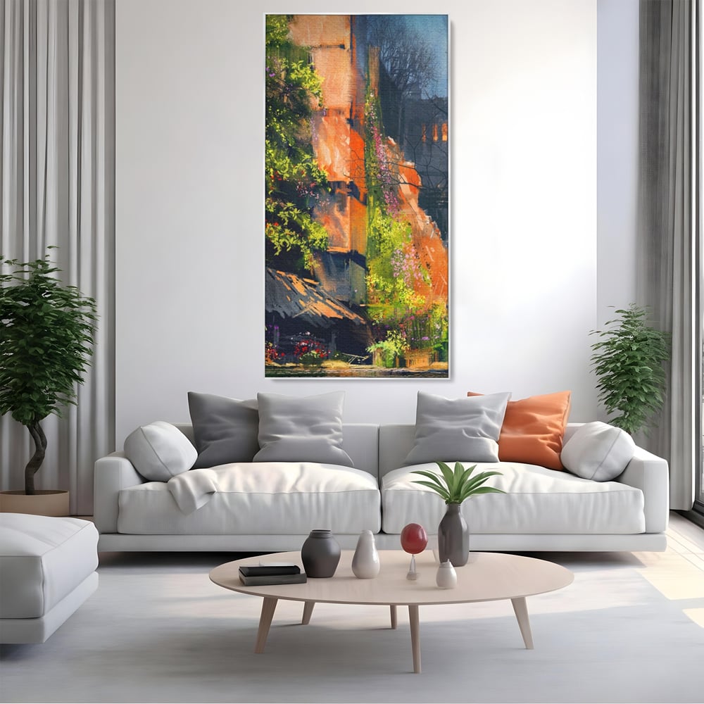 Tablou Canvas Premium LuxCanva® A1111, Flori Curgatoare , Oras Vechi, Casa, Lac, Culori Vibrante