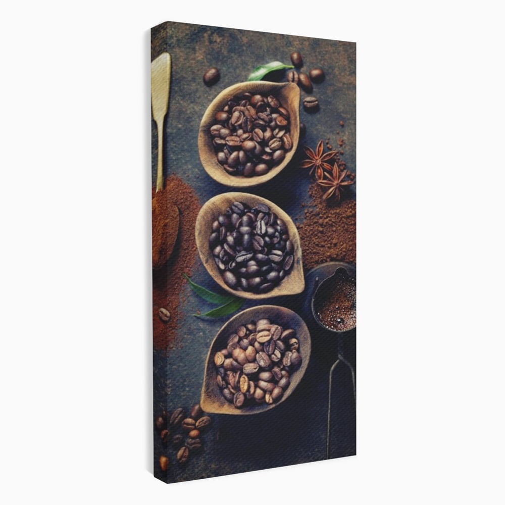 Leinwand Wandkunst Leinwand Wandkunst Premium LuxCanva® A1112, Kaffee Kunst, Kaffeegeschmack, Löffel, Kaffeebohne, lebendige Farben
