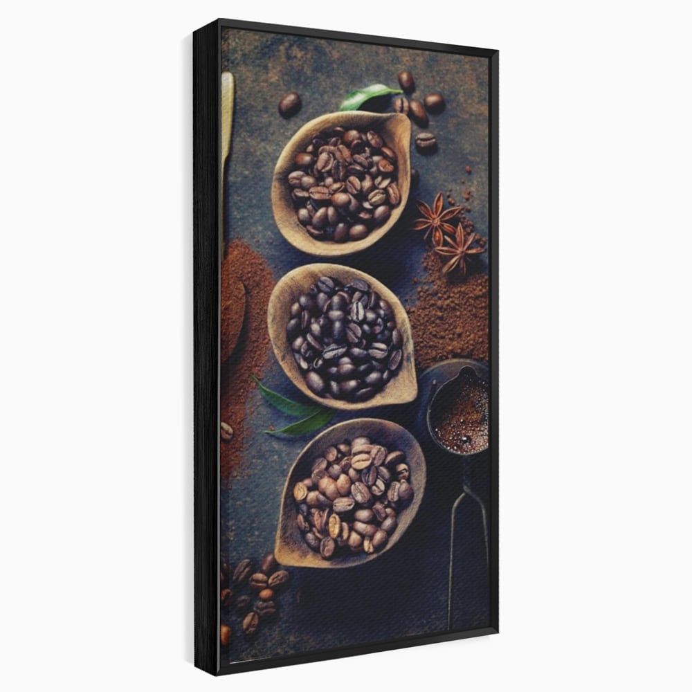 Leinwand Wandkunst Leinwand Wandkunst Premium LuxCanva® A1112, Kaffee Kunst, Kaffeegeschmack, Löffel, Kaffeebohne, lebendige Farben