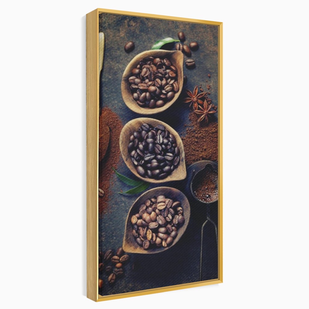 Leinwand Wandkunst Leinwand Wandkunst Premium LuxCanva® A1112, Kaffee Kunst, Kaffeegeschmack, Löffel, Kaffeebohne, lebendige Farben