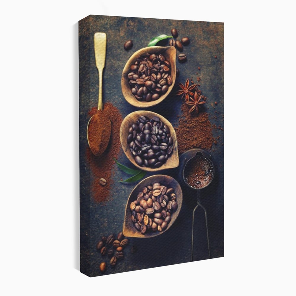 Leinwand Wandkunst Leinwand Wandkunst Premium LuxCanva® A1112, Kaffee Kunst, Kaffeegeschmack, Löffel, Kaffeebohne, lebendige Farben