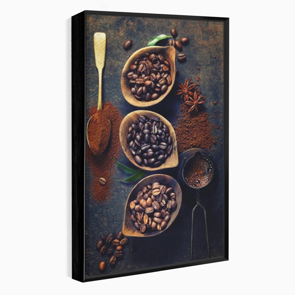 Leinwand Wandkunst Leinwand Wandkunst Premium LuxCanva® A1112, Kaffee Kunst, Kaffeegeschmack, Löffel, Kaffeebohne, lebendige Farben