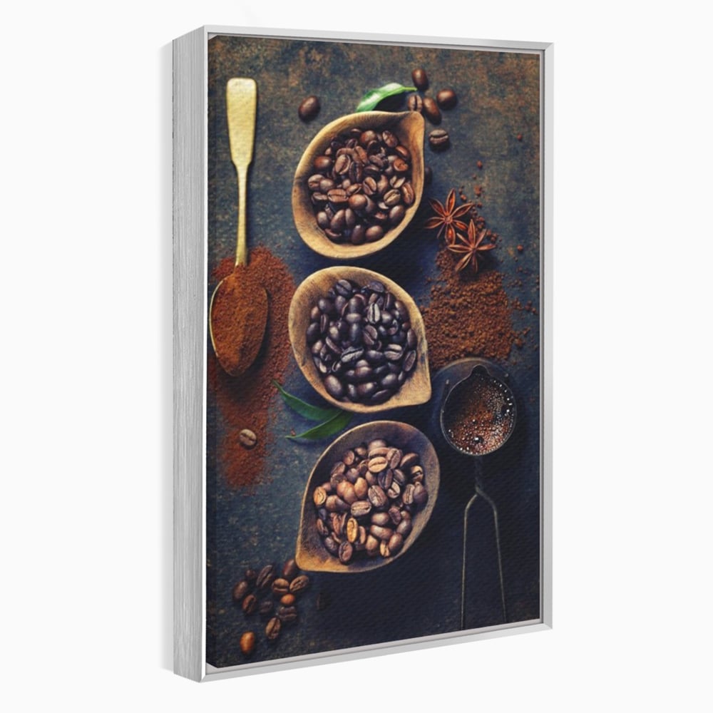 Leinwand Wandkunst Leinwand Wandkunst Premium LuxCanva® A1112, Kaffee Kunst, Kaffeegeschmack, Löffel, Kaffeebohne, lebendige Farben