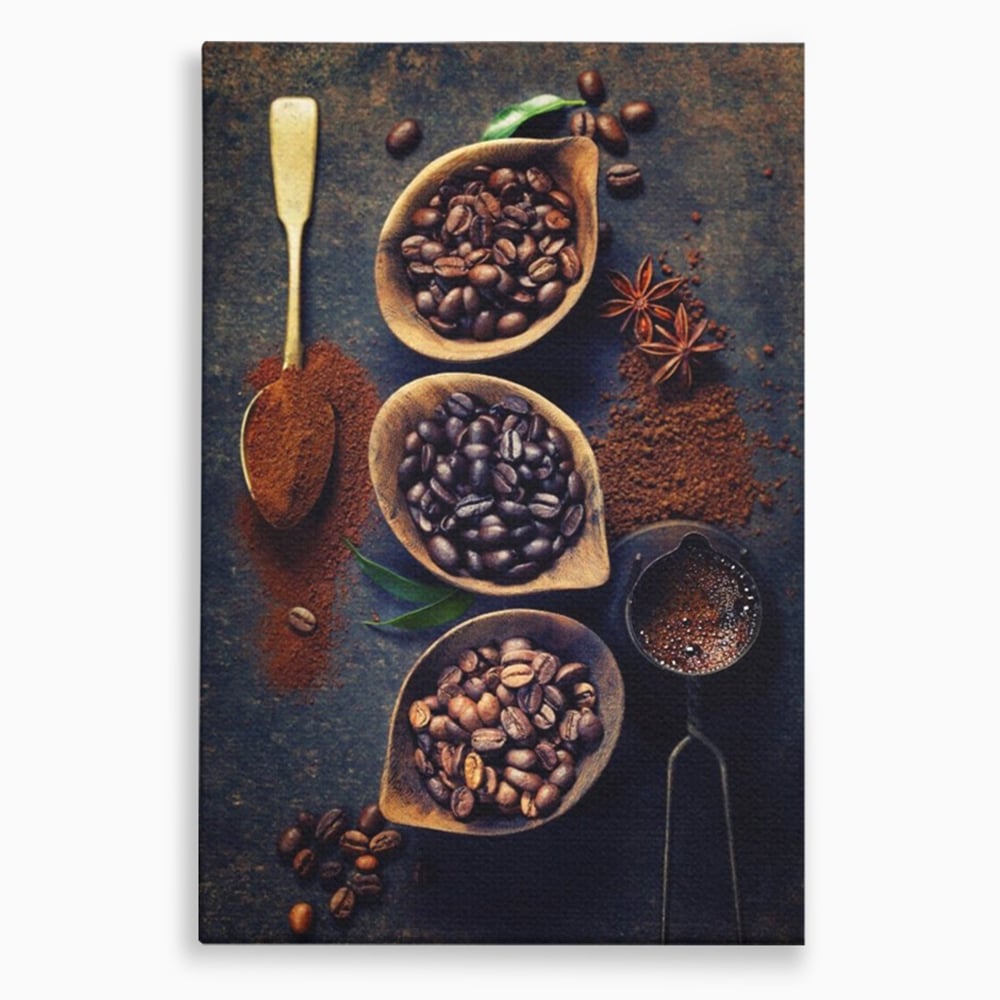 Leinwand Wandkunst Leinwand Wandkunst Premium LuxCanva® A1112, Kaffee Kunst, Kaffeegeschmack, Löffel, Kaffeebohne, lebendige Farben