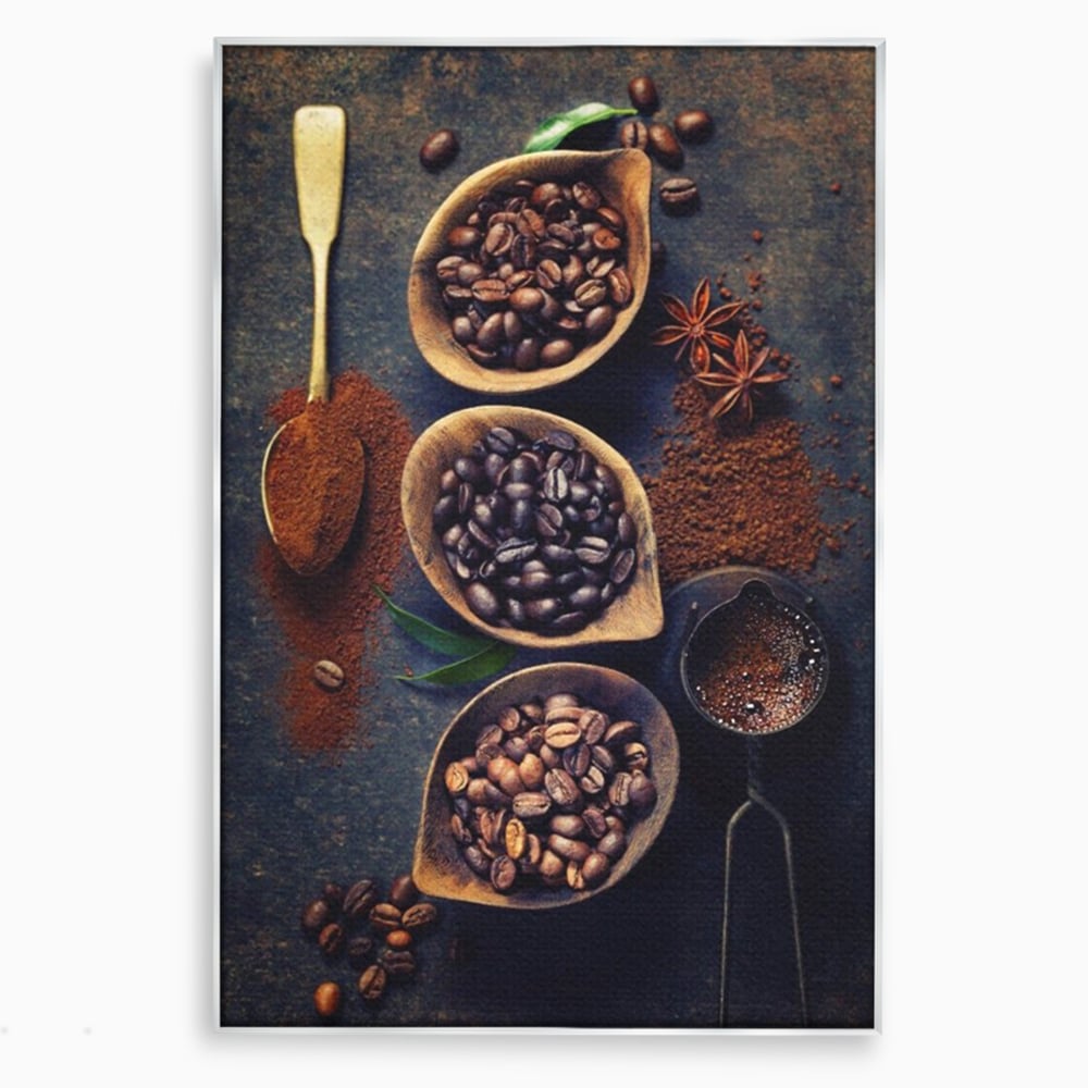 Leinwand Wandkunst Leinwand Wandkunst Premium LuxCanva® A1112, Kaffee Kunst, Kaffeegeschmack, Löffel, Kaffeebohne, lebendige Farben