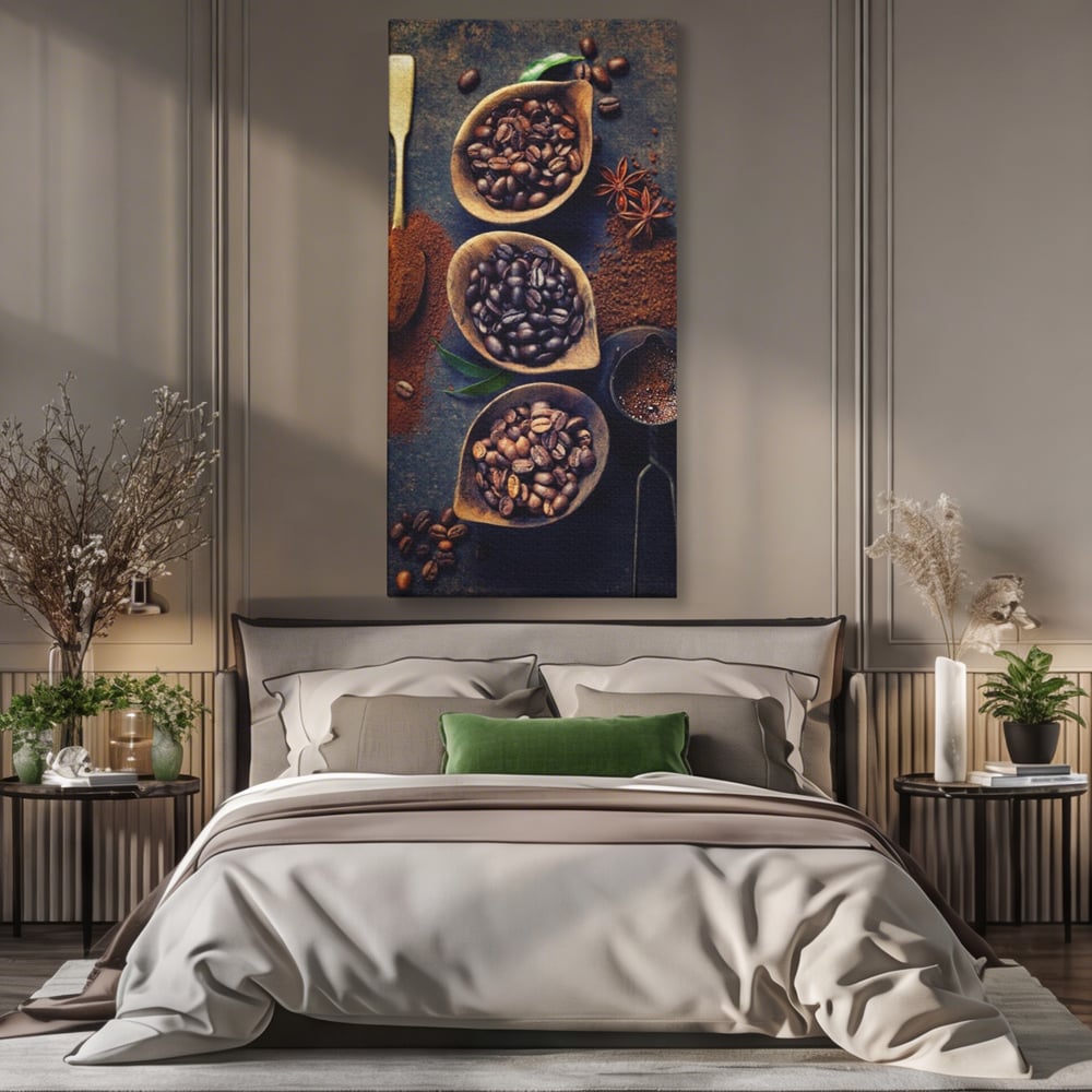 Leinwand Wandkunst Leinwand Wandkunst Premium LuxCanva® A1112, Kaffee Kunst, Kaffeegeschmack, Löffel, Kaffeebohne, lebendige Farben