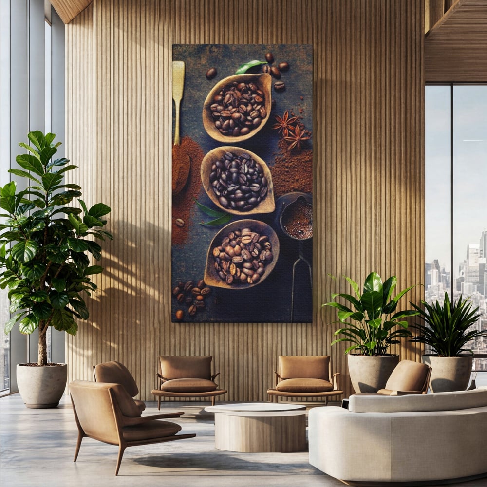 Leinwand Wandkunst Leinwand Wandkunst Premium LuxCanva® A1112, Kaffee Kunst, Kaffeegeschmack, Löffel, Kaffeebohne, lebendige Farben