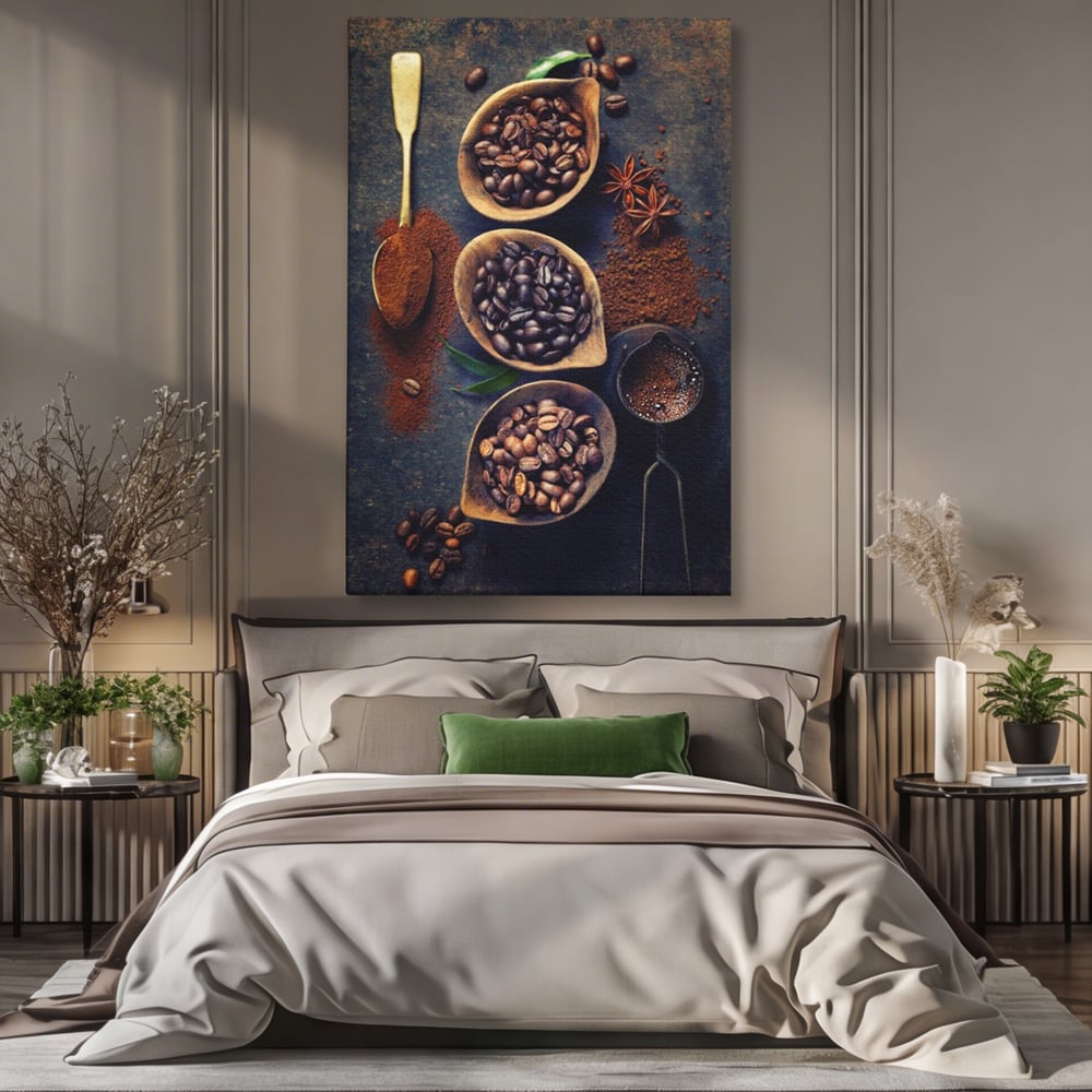 Leinwand Wandkunst Leinwand Wandkunst Premium LuxCanva® A1112, Kaffee Kunst, Kaffeegeschmack, Löffel, Kaffeebohne, lebendige Farben