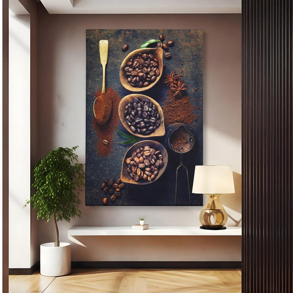 Leinwand Wandkunst Leinwand Wandkunst Premium LuxCanva® A1112, Kaffee Kunst, Kaffeegeschmack, Löffel, Kaffeebohne, lebendige Farben
