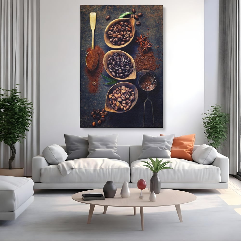 Leinwand Wandkunst Leinwand Wandkunst Premium LuxCanva® A1112, Kaffee Kunst, Kaffeegeschmack, Löffel, Kaffeebohne, lebendige Farben