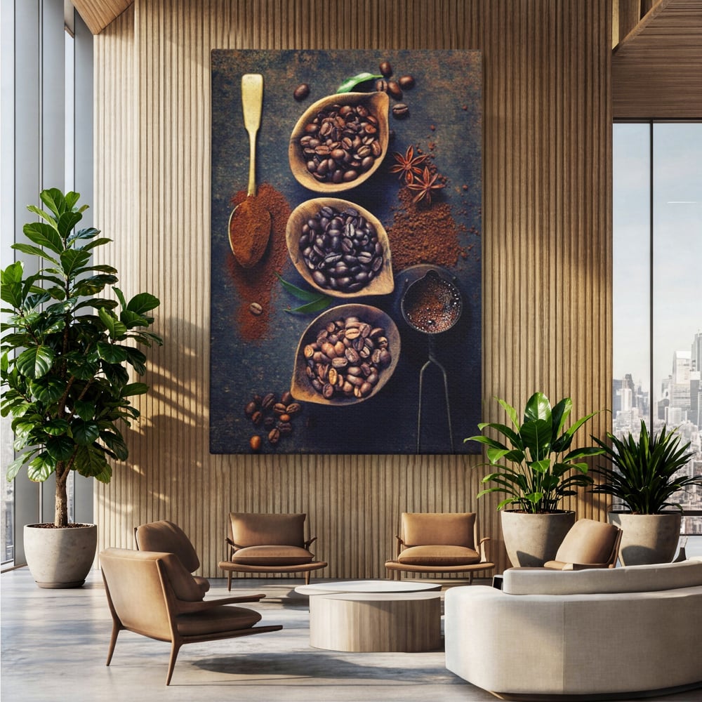 Leinwand Wandkunst Leinwand Wandkunst Premium LuxCanva® A1112, Kaffee Kunst, Kaffeegeschmack, Löffel, Kaffeebohne, lebendige Farben