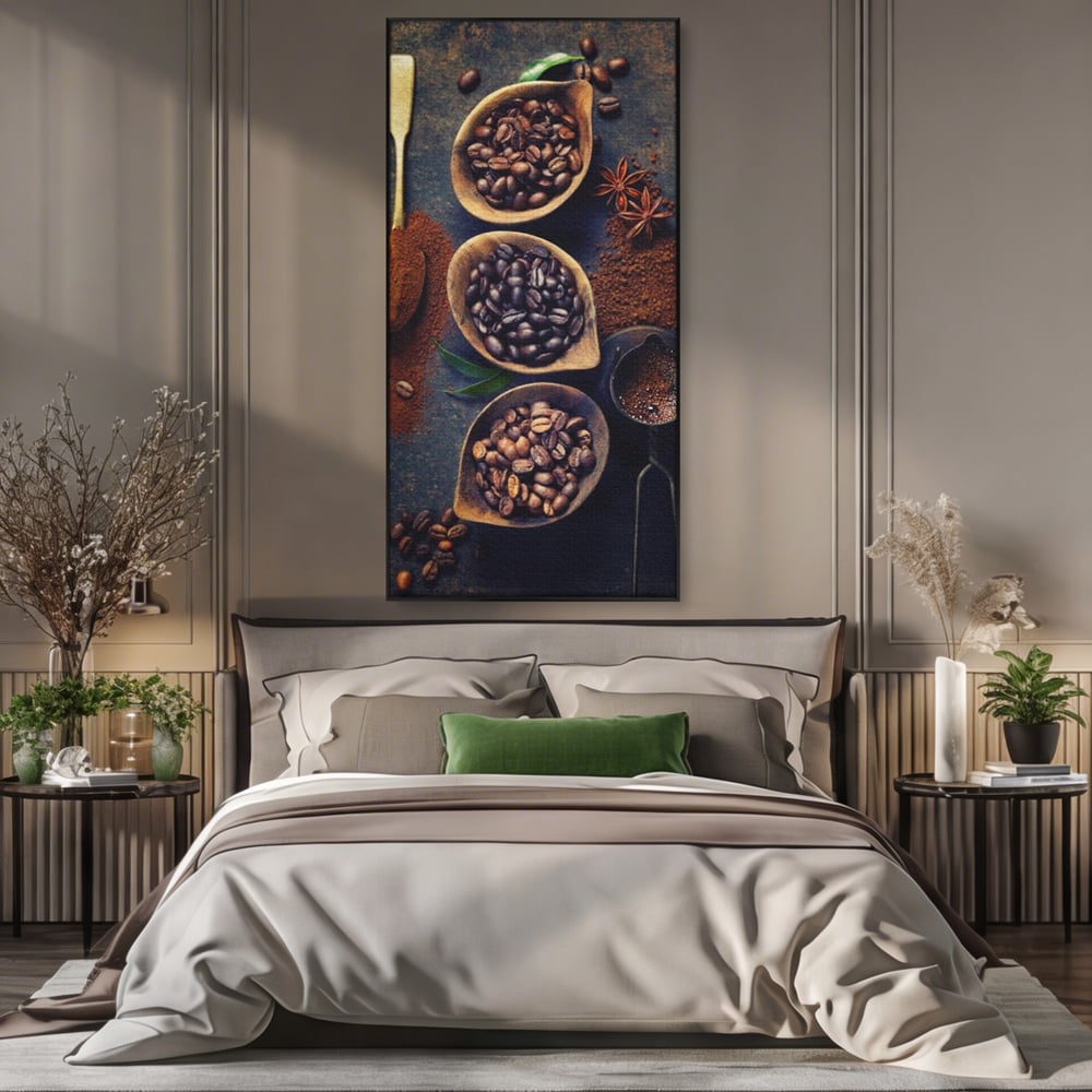 Leinwand Wandkunst Leinwand Wandkunst Premium LuxCanva® A1112, Kaffee Kunst, Kaffeegeschmack, Löffel, Kaffeebohne, lebendige Farben