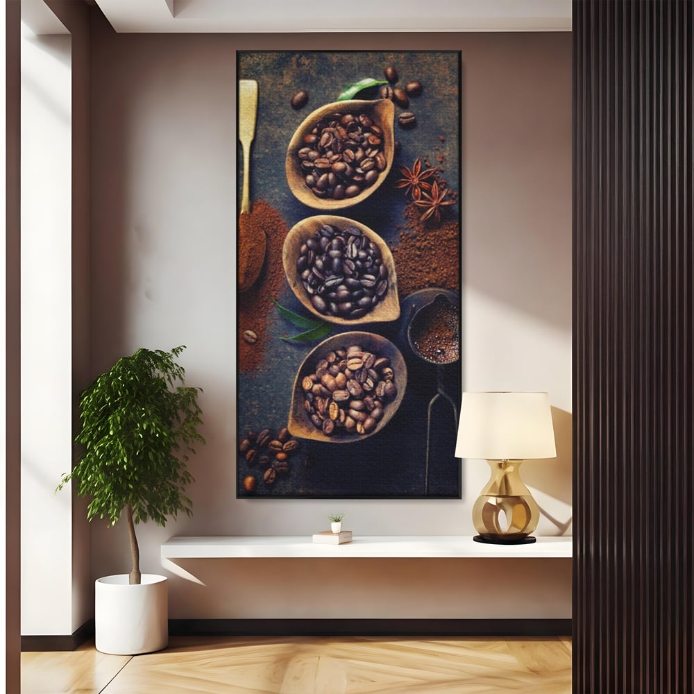 Leinwand Wandkunst Leinwand Wandkunst Premium LuxCanva® A1112, Kaffee Kunst, Kaffeegeschmack, Löffel, Kaffeebohne, lebendige Farben