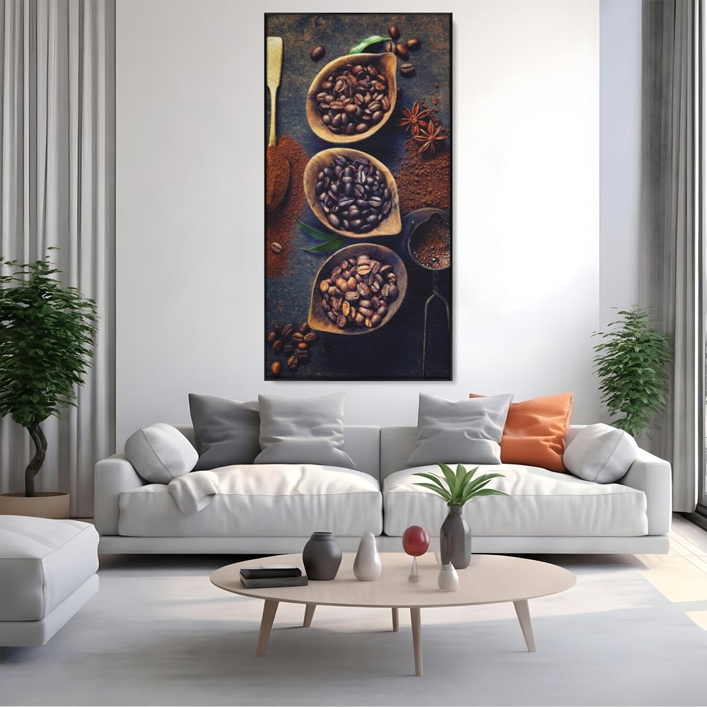 Leinwand Wandkunst Leinwand Wandkunst Premium LuxCanva® A1112, Kaffee Kunst, Kaffeegeschmack, Löffel, Kaffeebohne, lebendige Farben