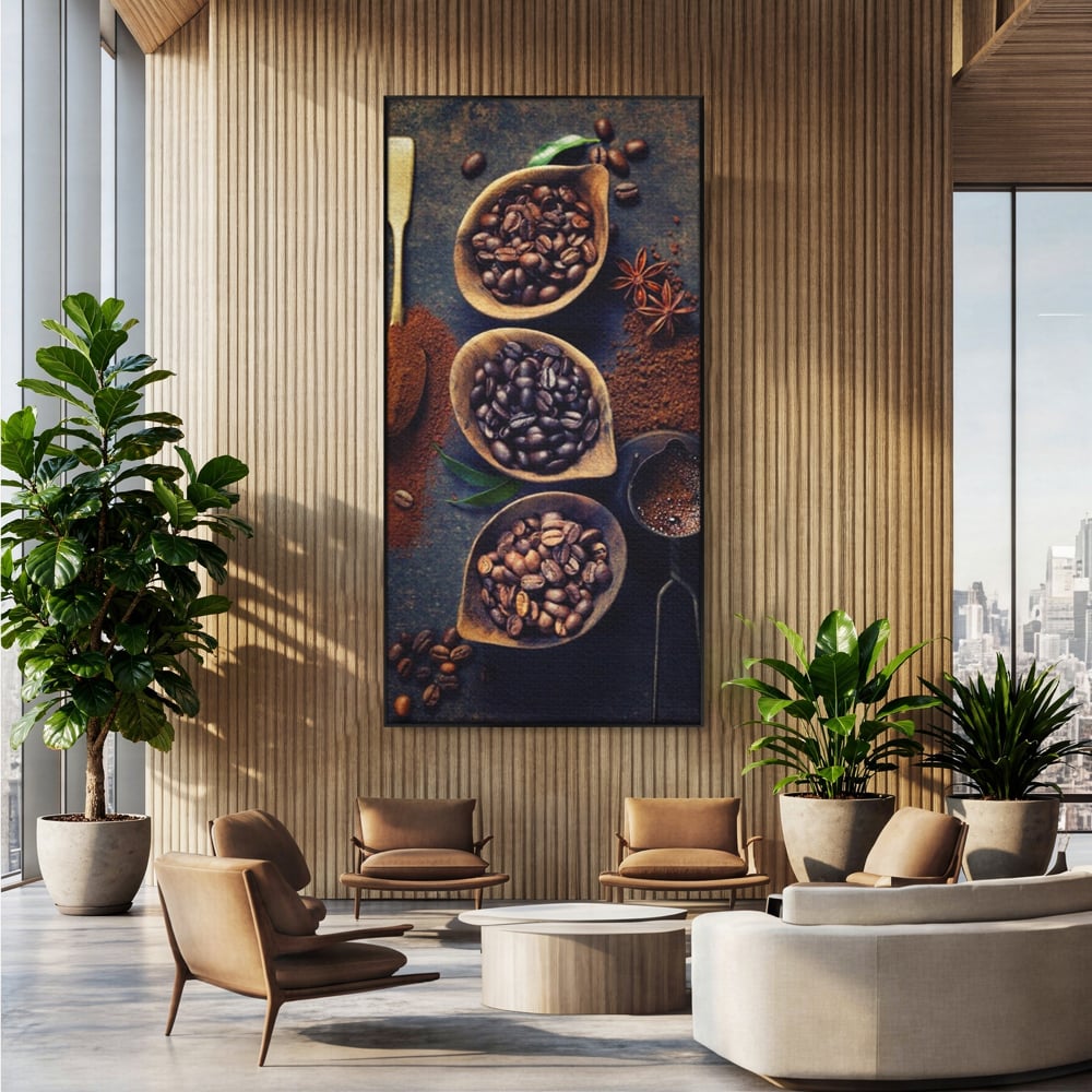 Leinwand Wandkunst Leinwand Wandkunst Premium LuxCanva® A1112, Kaffee Kunst, Kaffeegeschmack, Löffel, Kaffeebohne, lebendige Farben