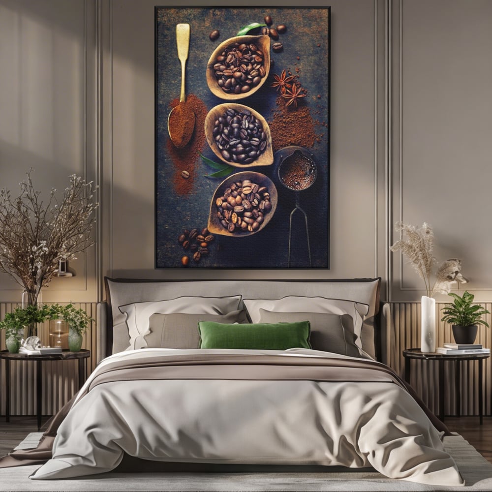 Leinwand Wandkunst Leinwand Wandkunst Premium LuxCanva® A1112, Kaffee Kunst, Kaffeegeschmack, Löffel, Kaffeebohne, lebendige Farben