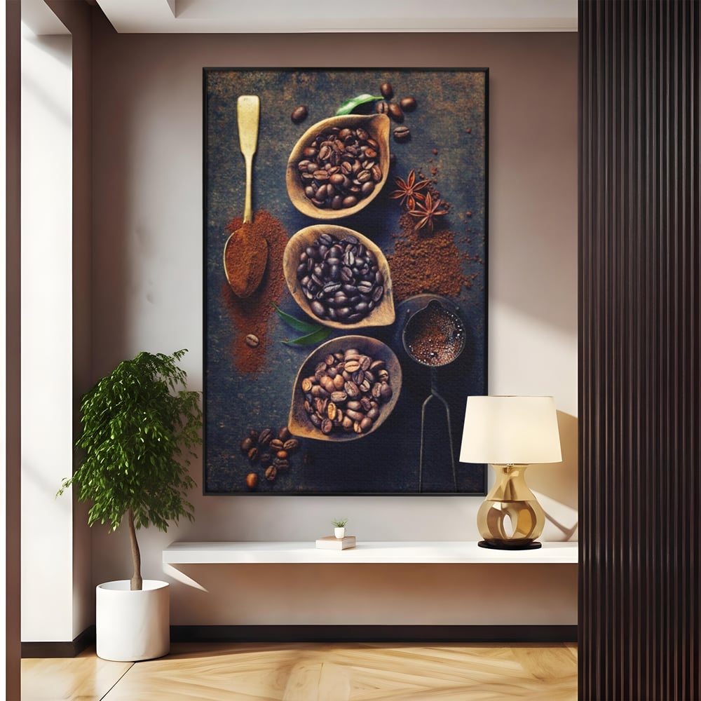 Leinwand Wandkunst Leinwand Wandkunst Premium LuxCanva® A1112, Kaffee Kunst, Kaffeegeschmack, Löffel, Kaffeebohne, lebendige Farben