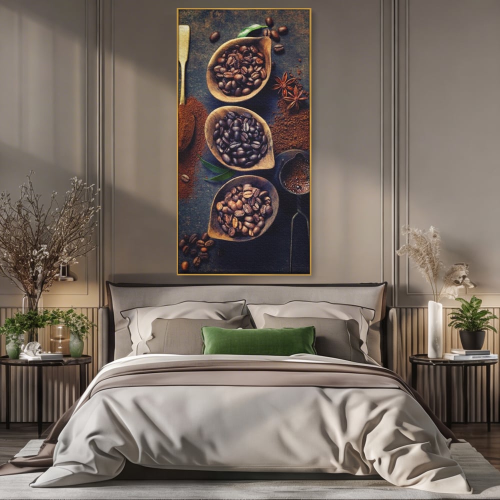 Leinwand Wandkunst Leinwand Wandkunst Premium LuxCanva® A1112, Kaffee Kunst, Kaffeegeschmack, Löffel, Kaffeebohne, lebendige Farben