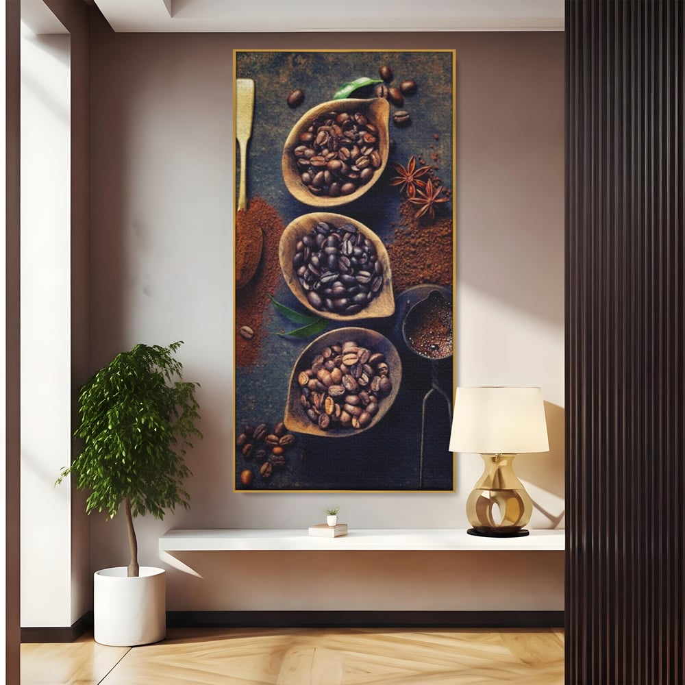 Leinwand Wandkunst Leinwand Wandkunst Premium LuxCanva® A1112, Kaffee Kunst, Kaffeegeschmack, Löffel, Kaffeebohne, lebendige Farben