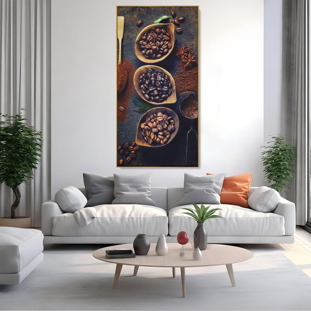Leinwand Wandkunst Leinwand Wandkunst Premium LuxCanva® A1112, Kaffee Kunst, Kaffeegeschmack, Löffel, Kaffeebohne, lebendige Farben